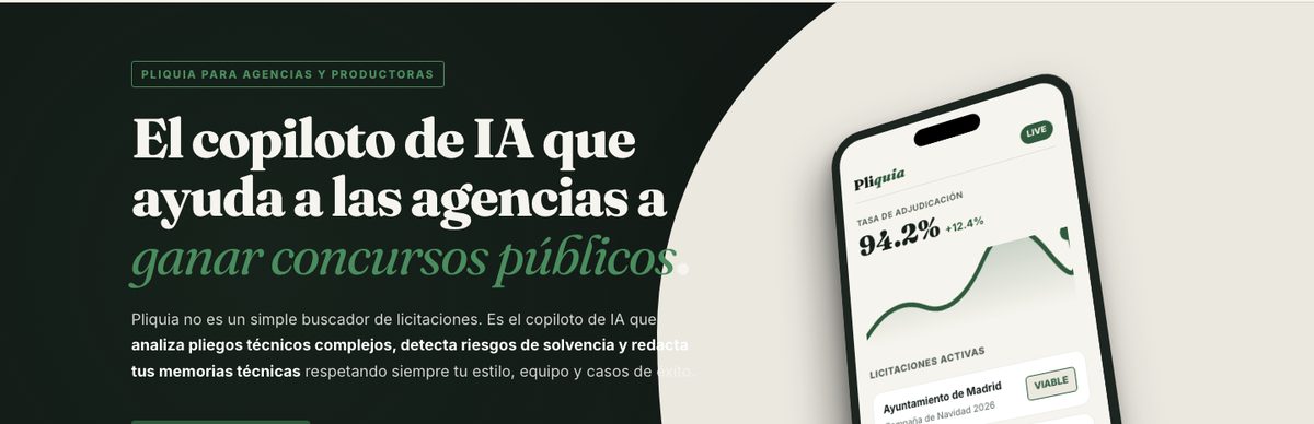 Página de Pliquia, el software de IA para licitaciones públicas.