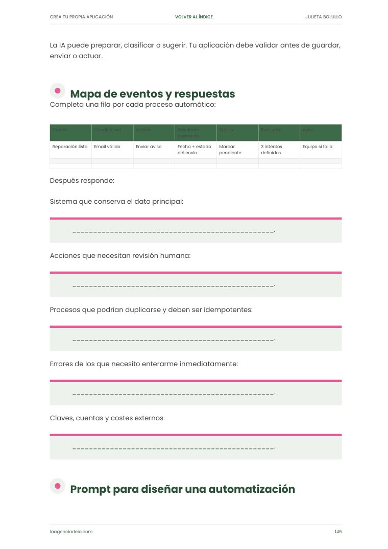 Página con el mapa de eventos y respuestas para diseñar una automatización, con una tabla de ejemplo y huecos para rellenar.
