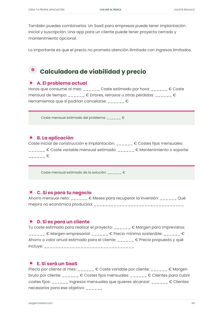 Página con la calculadora de viabilidad y precio, con huecos para rellenar los costes.