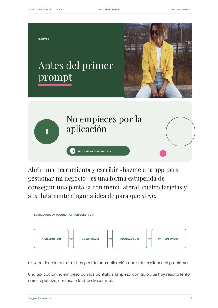 Página de apertura de un capítulo, con su número, su título, el botón para escuchar el capítulo y un esquema de los pasos.